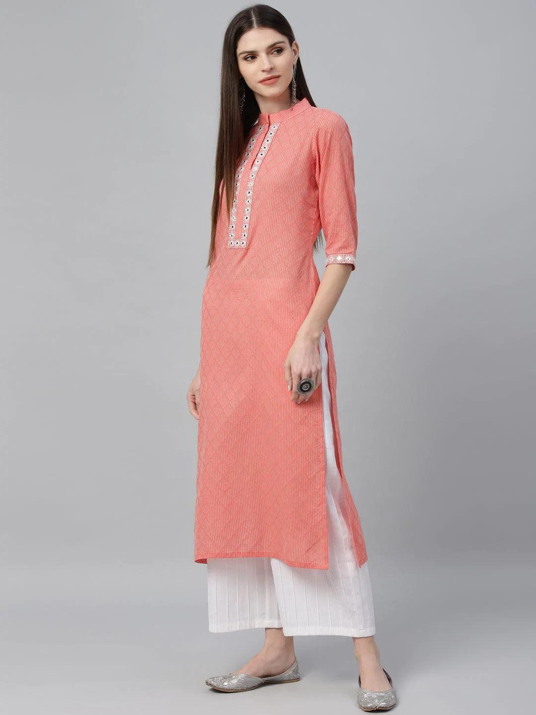 Peach Printed Cotton Kurta - ShopLibas