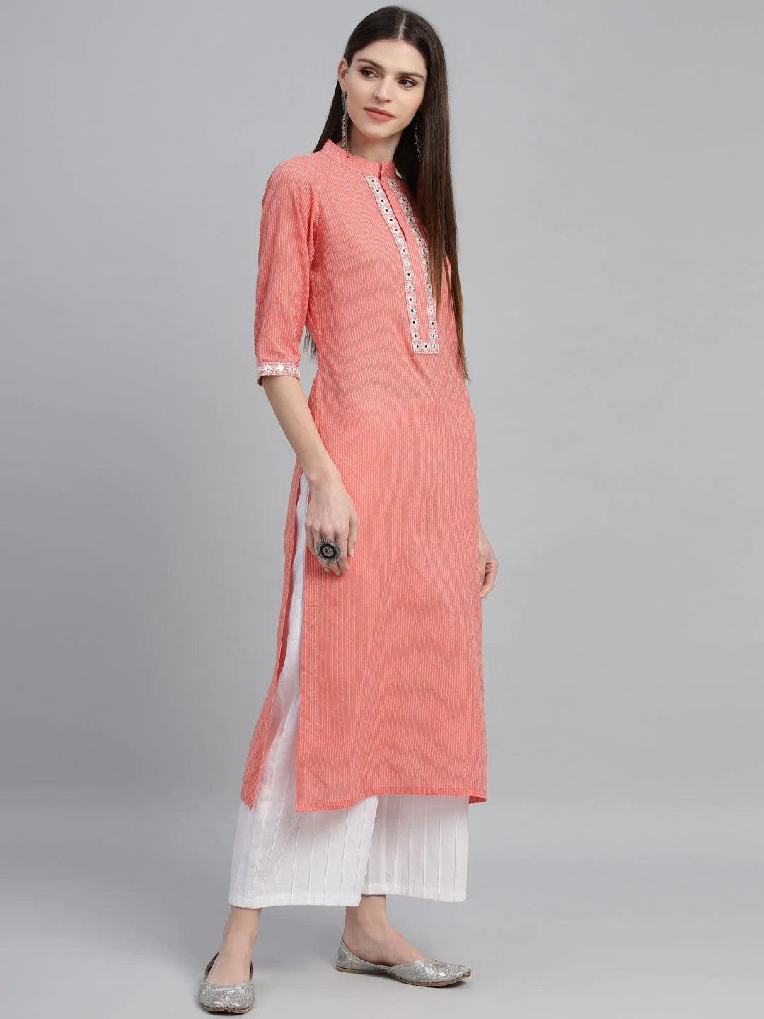 Peach Printed Cotton Kurta - ShopLibas