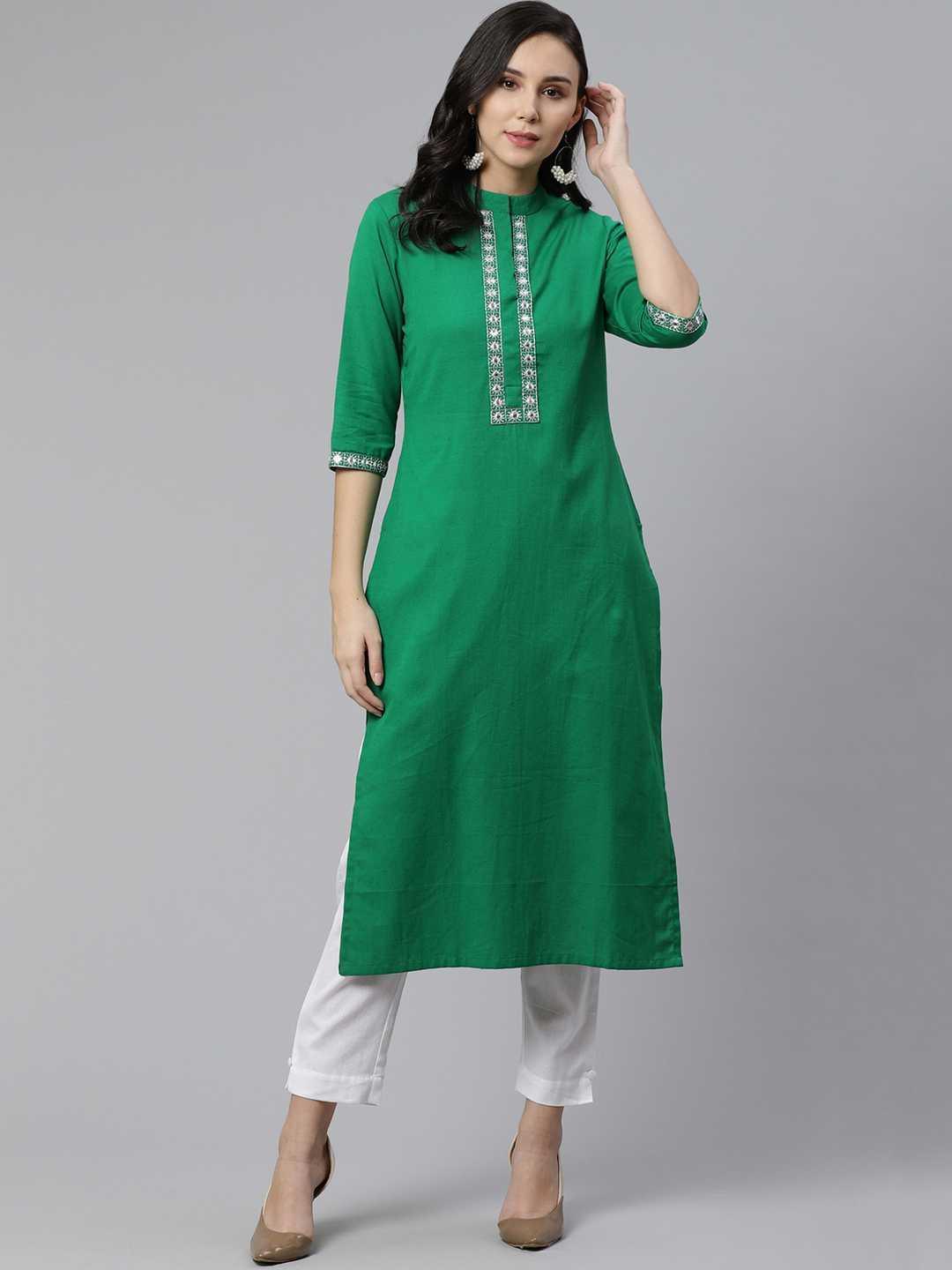 Green Embroidered Cotton Kurta