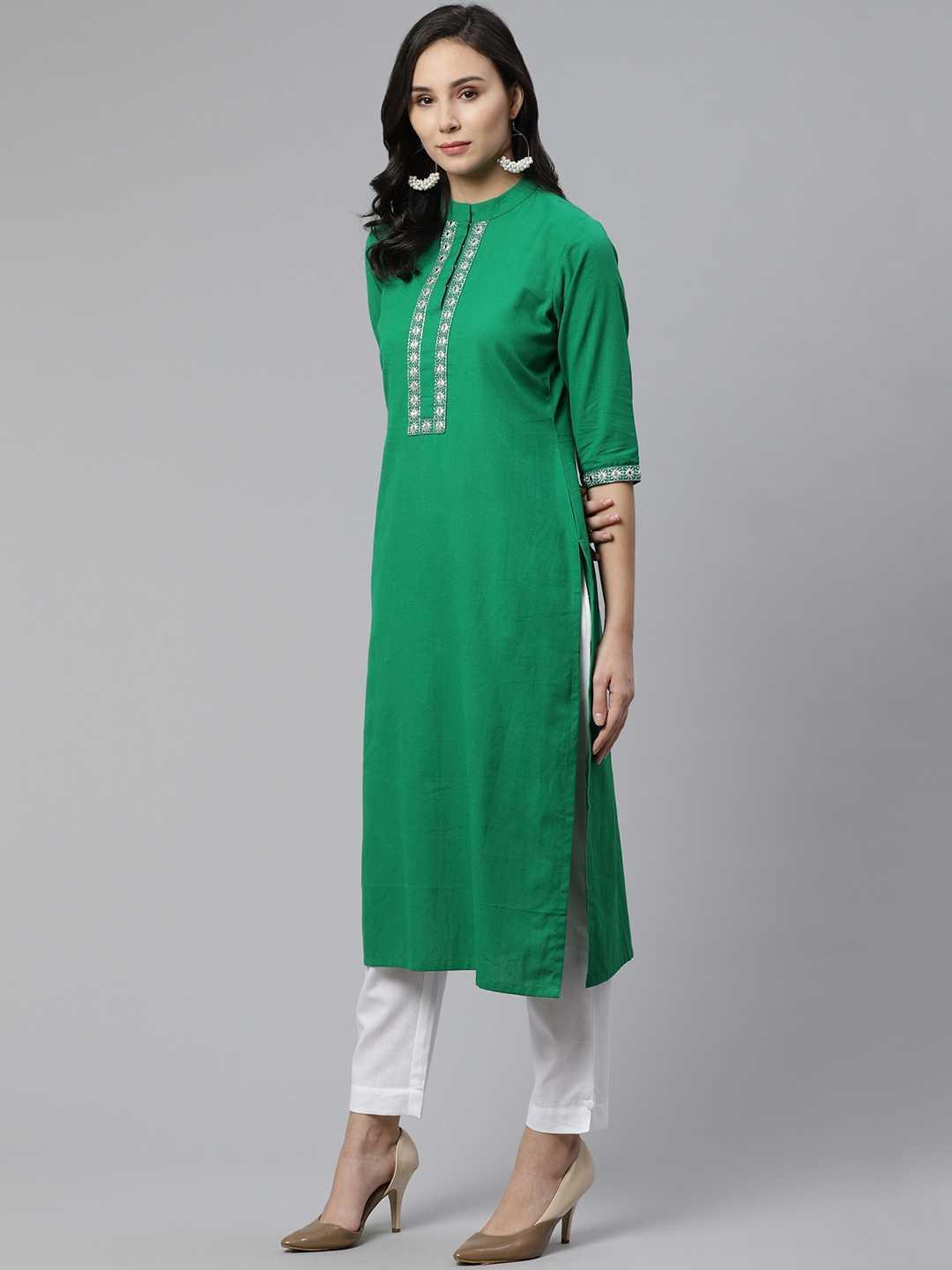 Green Embroidered Cotton Kurta