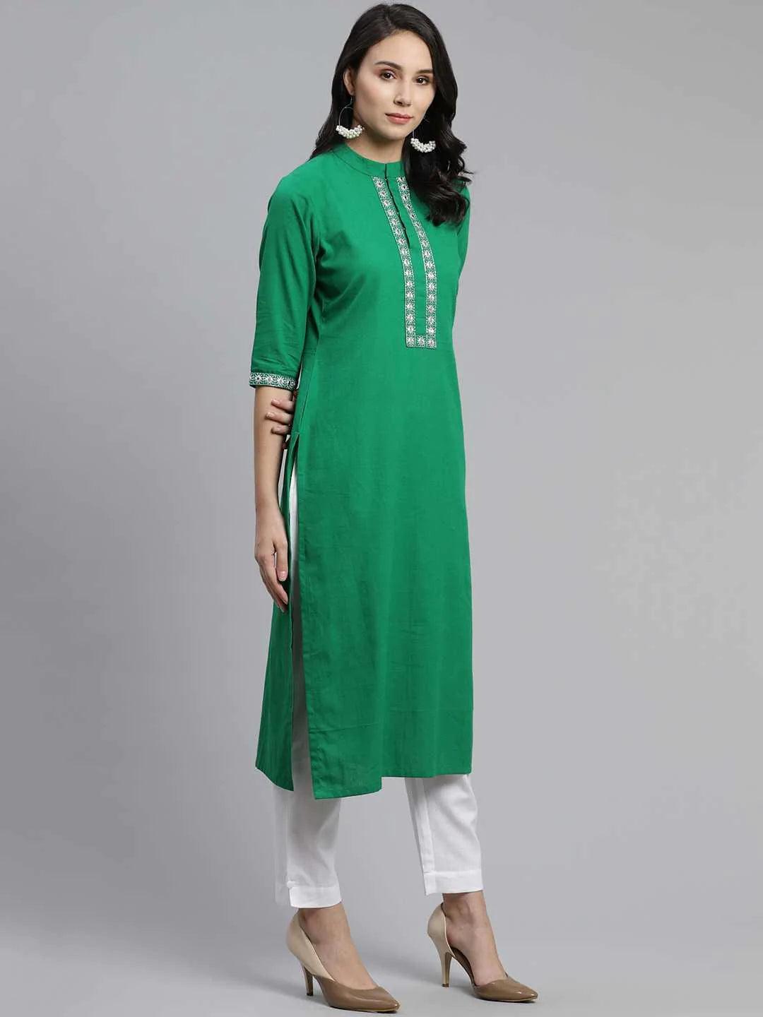 Green Embroidered Cotton Kurta