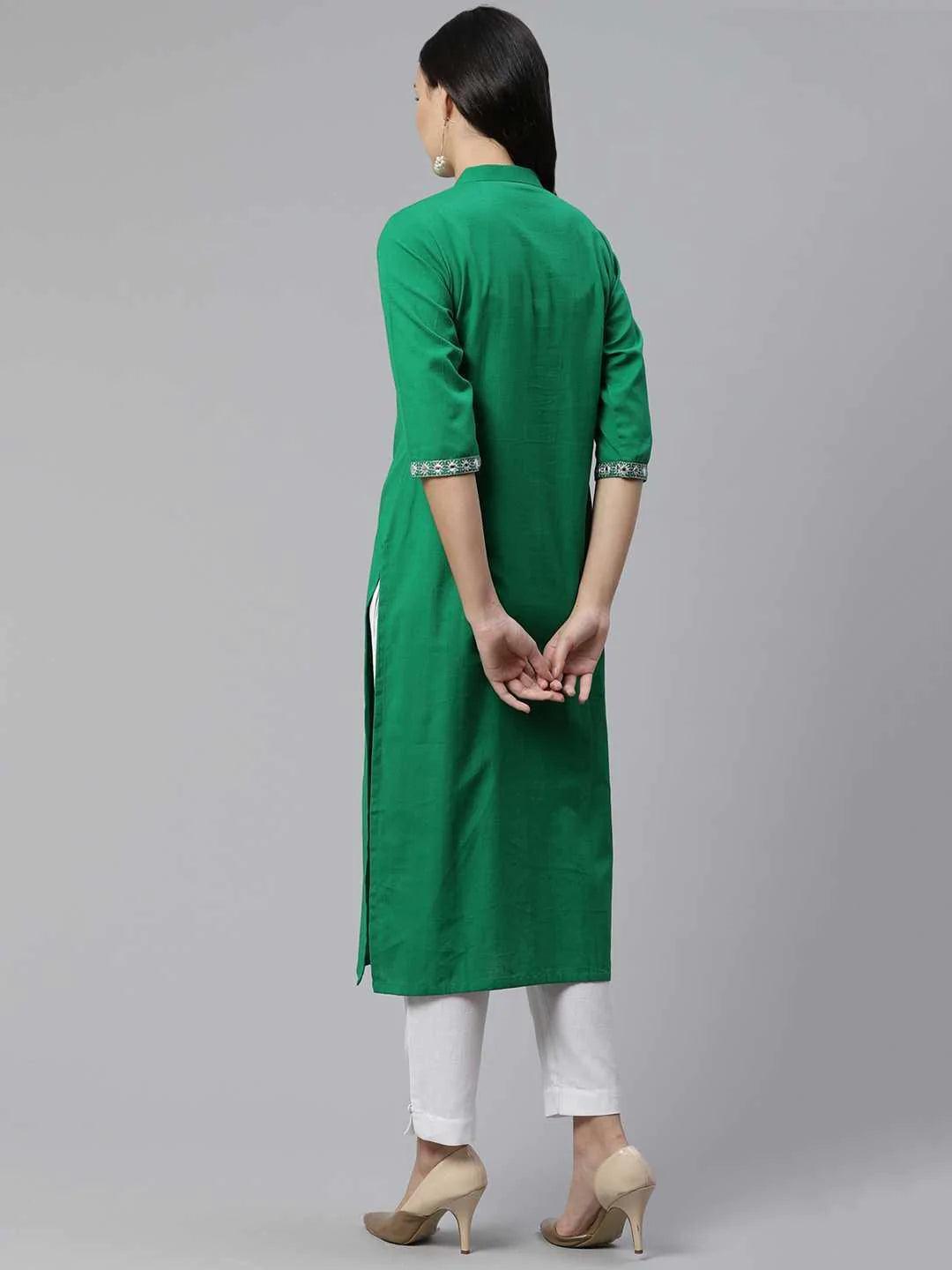 Green Embroidered Cotton Kurta