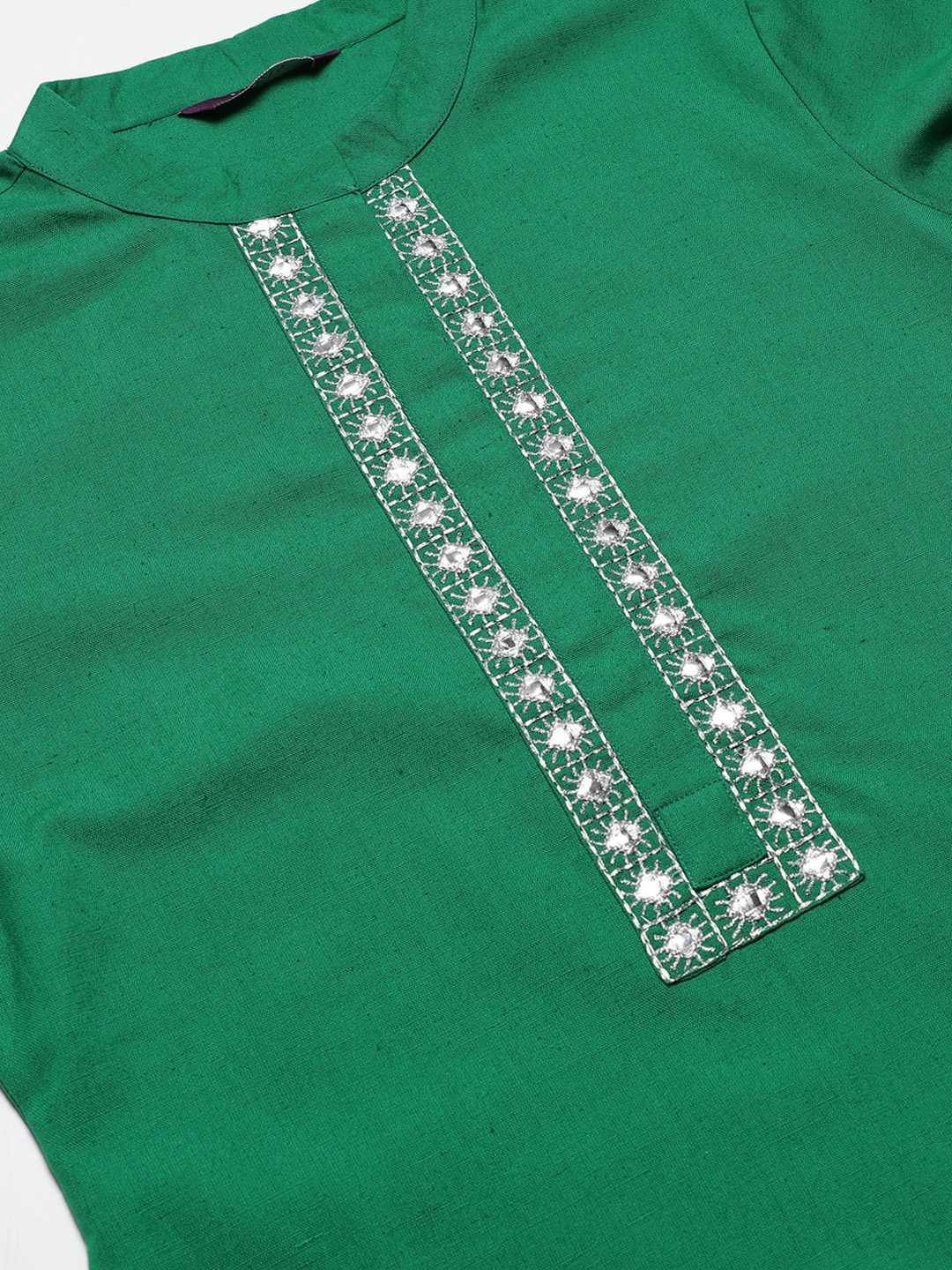 Green Embroidered Cotton Kurta