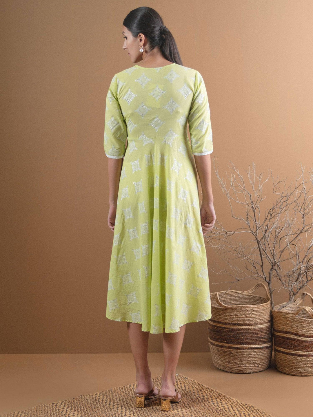 Green Printed Cotton Dress - ShopLibas