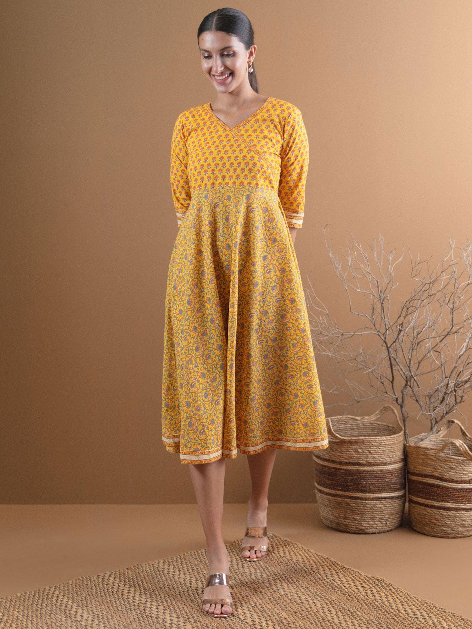 Yellow Printed Cotton Dress With Mask