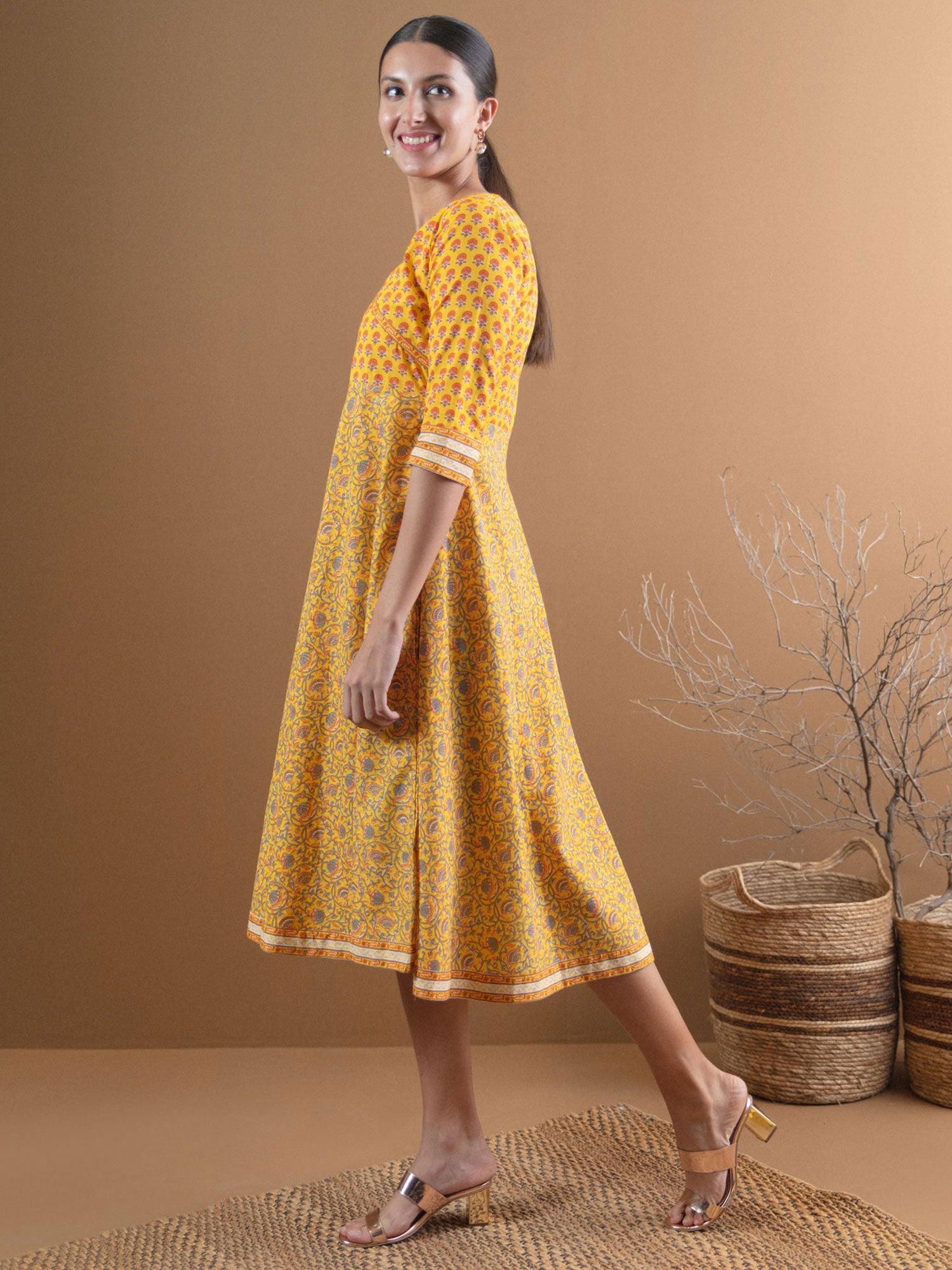 Yellow Printed Cotton Dress With Mask