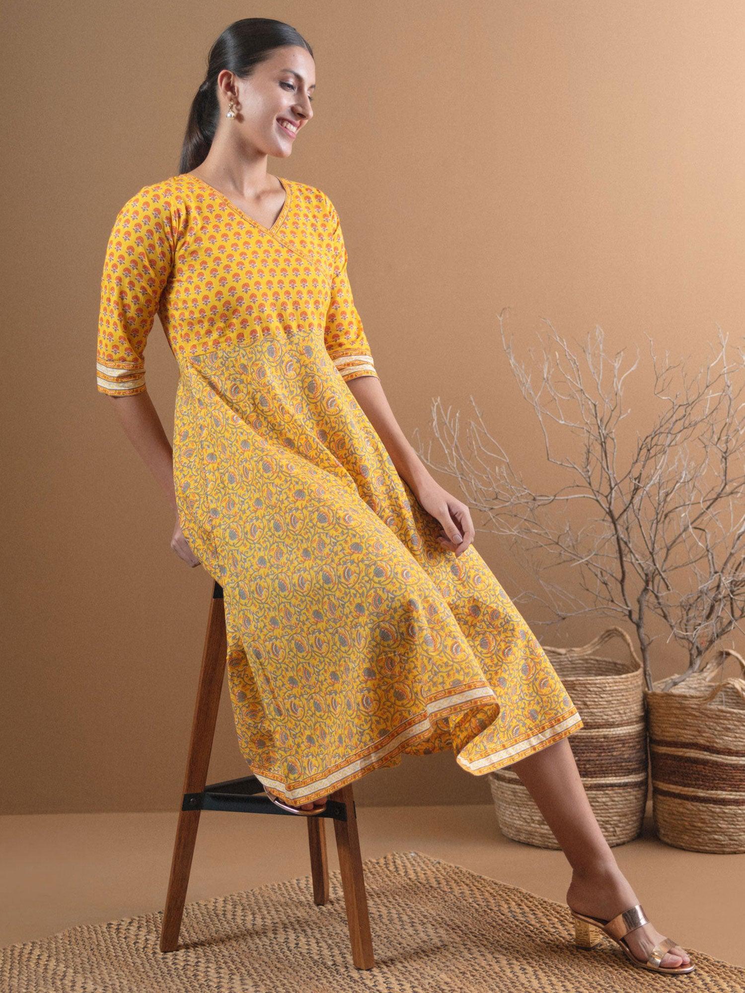 Yellow Printed Cotton Dress With Mask