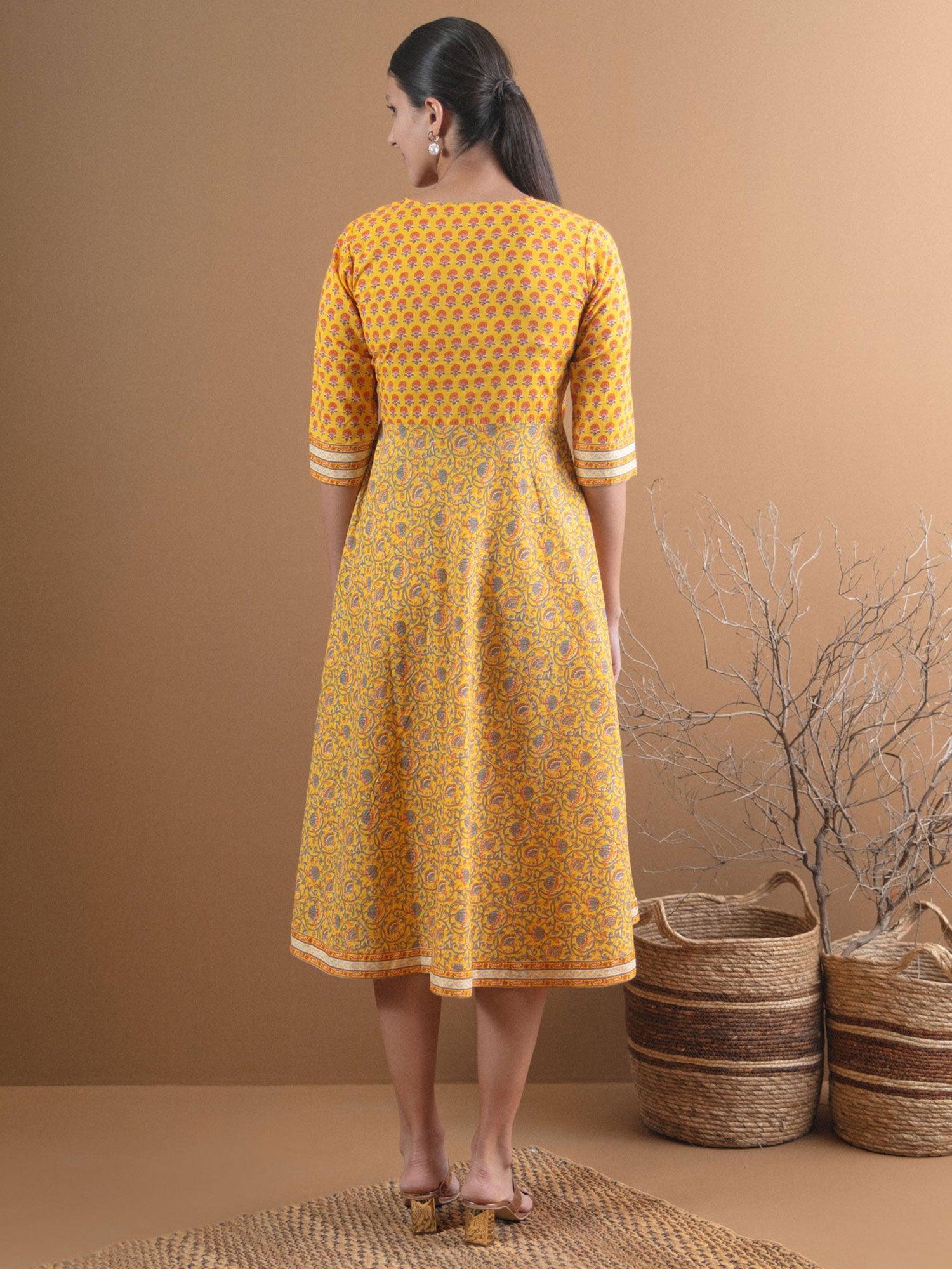 Yellow Printed Cotton Dress With Mask