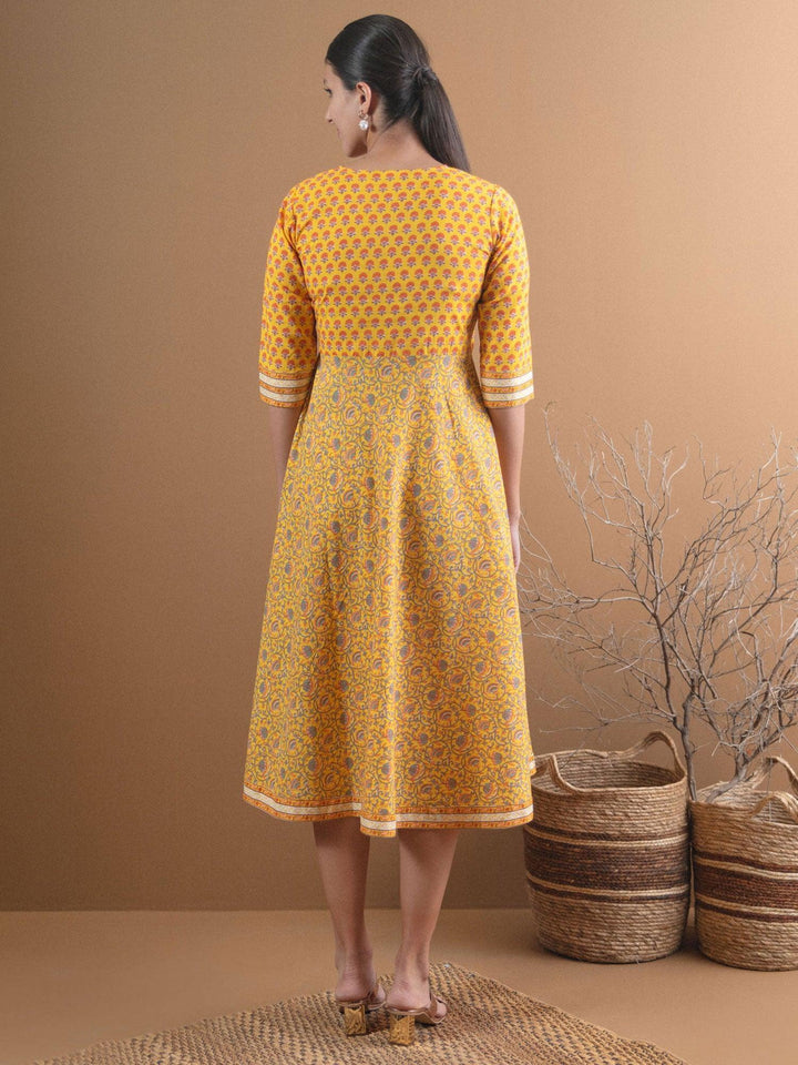 Yellow Printed Cotton Dress With Mask - ShopLibas