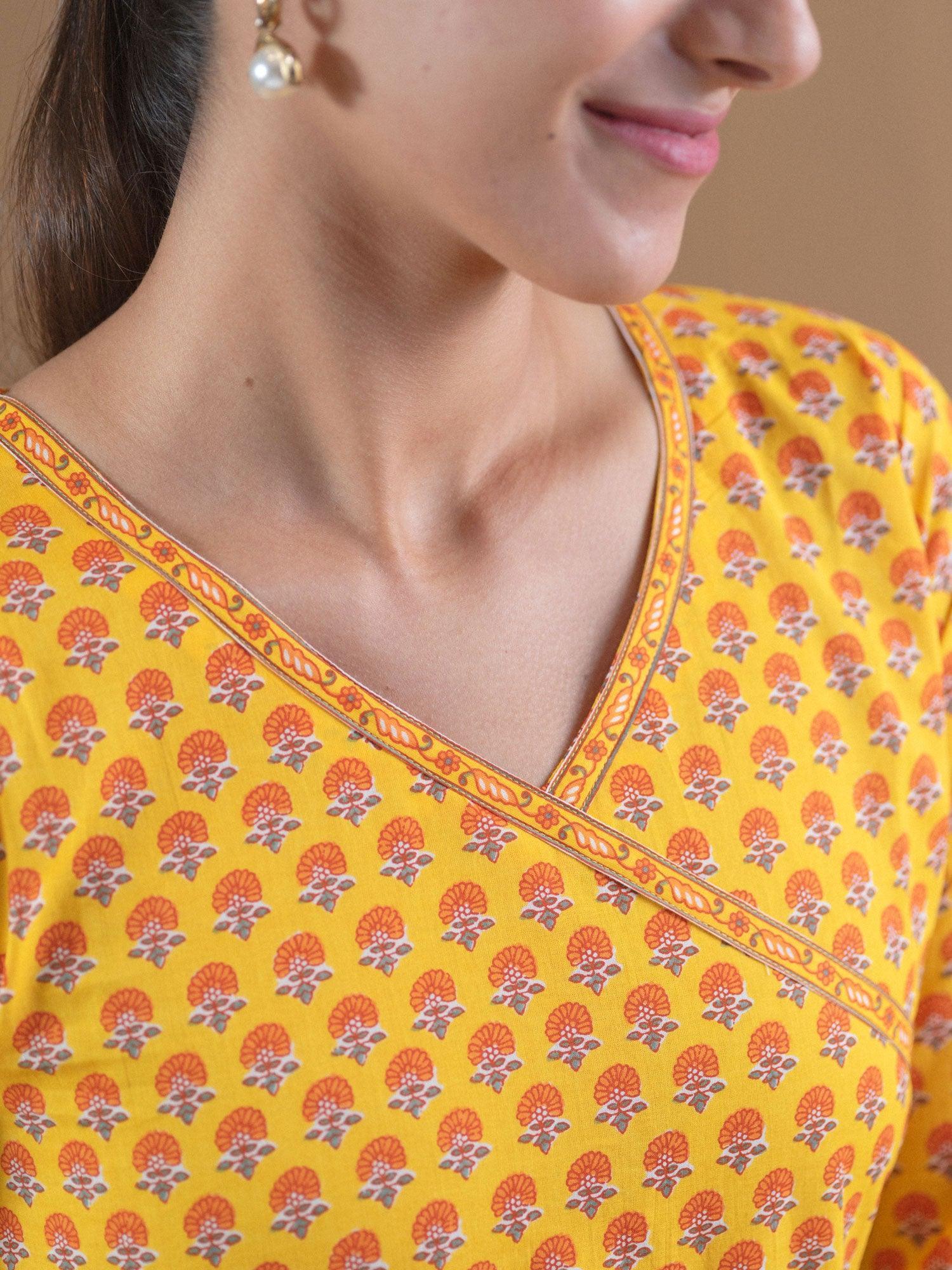 Yellow Printed Cotton Dress With Mask