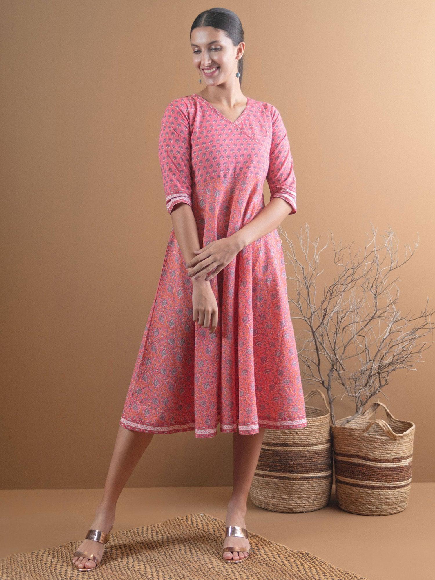 Pink Printed Cotton Dress With Mask