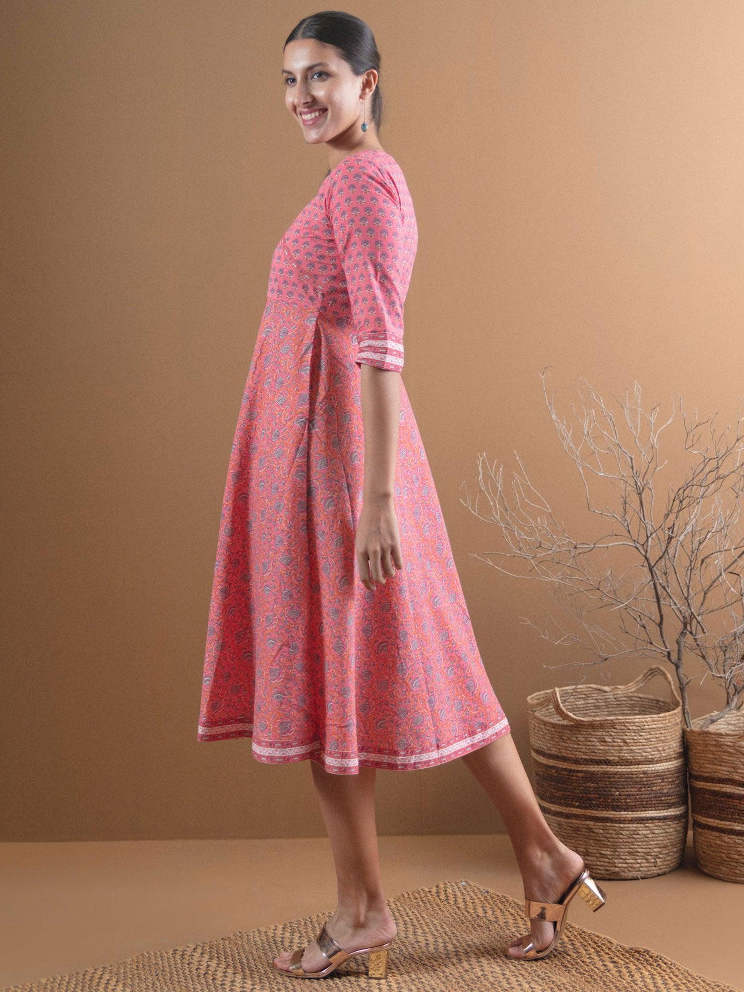 Pink Printed Cotton Dress With Mask