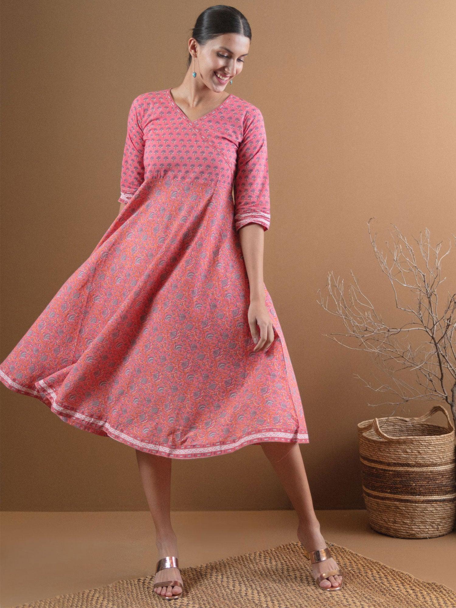 Pink Printed Cotton Dress With Mask