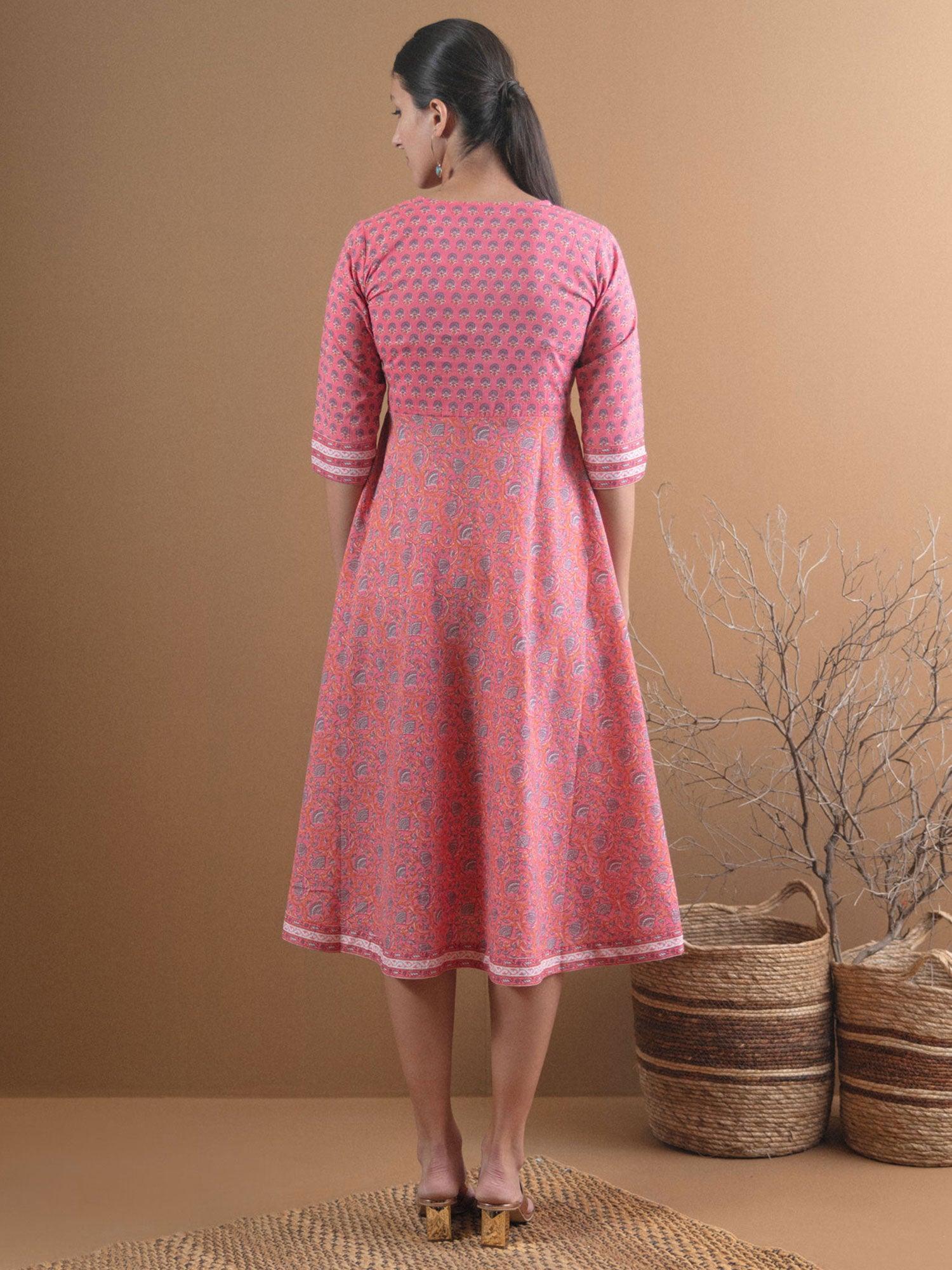 Pink Printed Cotton Dress With Mask