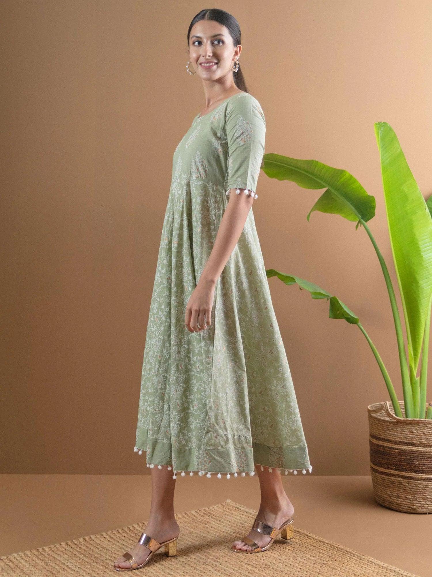 Green Printed Cotton Dress With Mask