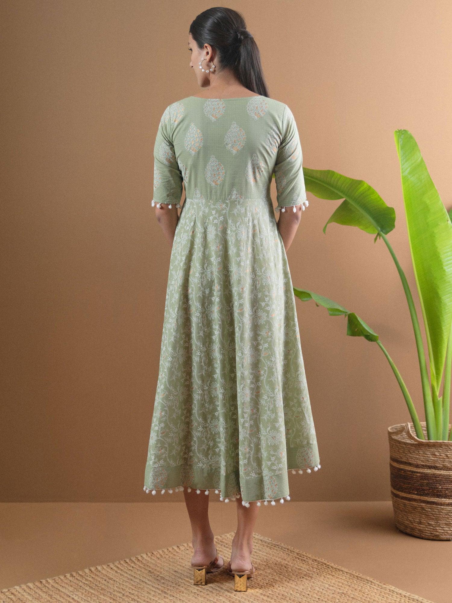 Green Printed Cotton Dress With Mask