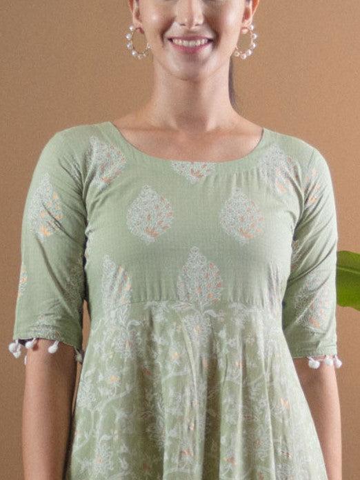 Green Printed Cotton Dress With Mask