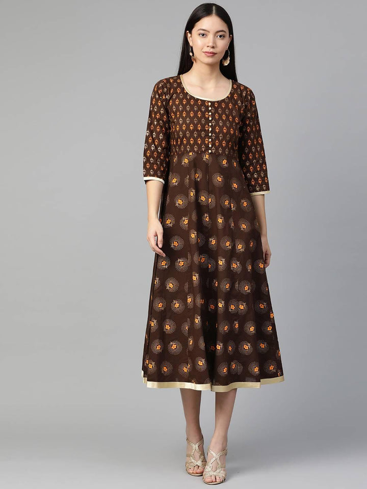 Brown Printed Cotton Dress - ShopLibas