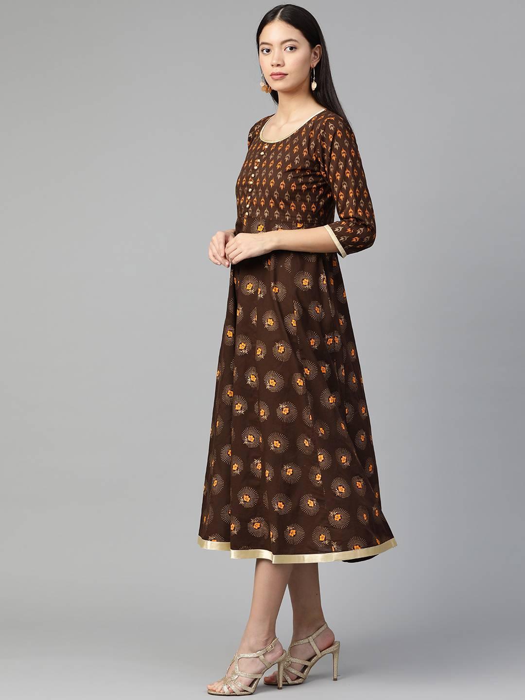 Brown Printed Cotton Dress