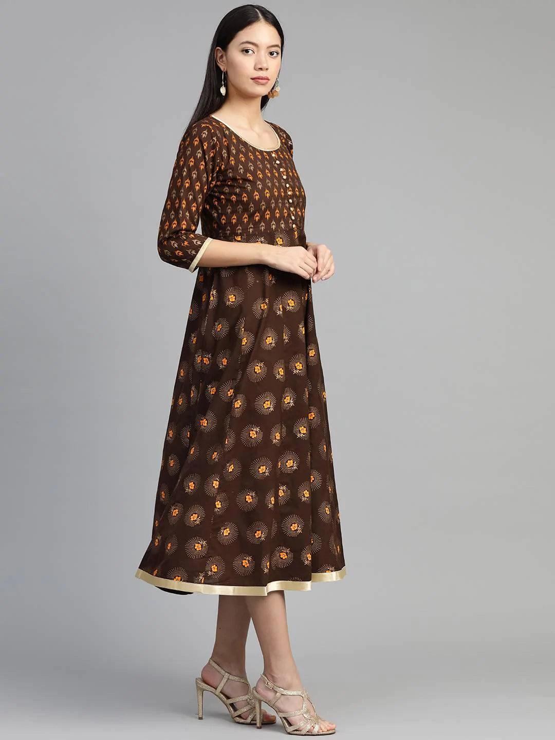 Brown Printed Cotton Dress - ShopLibas