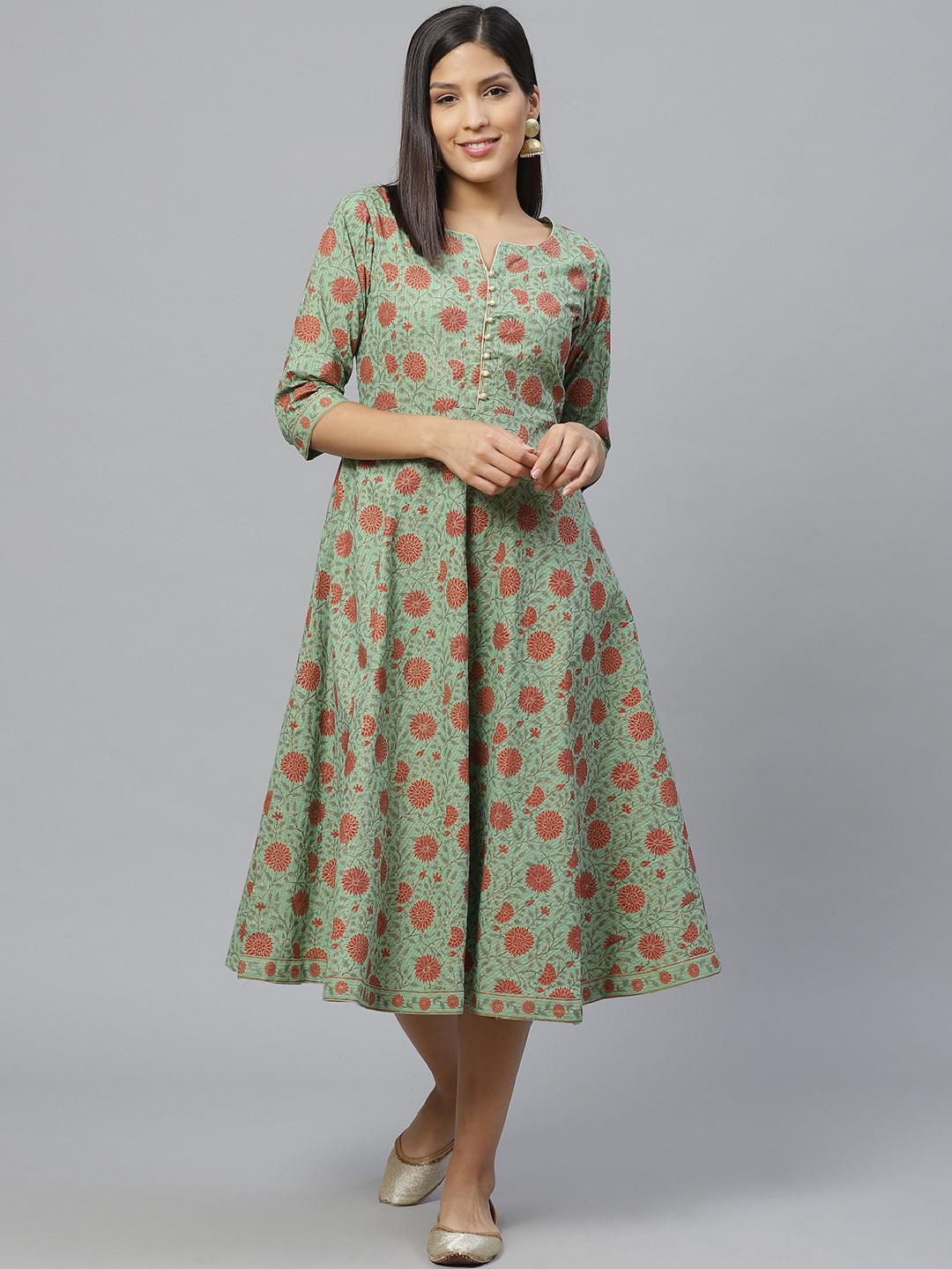 Green Printed Cotton Dress With Mask