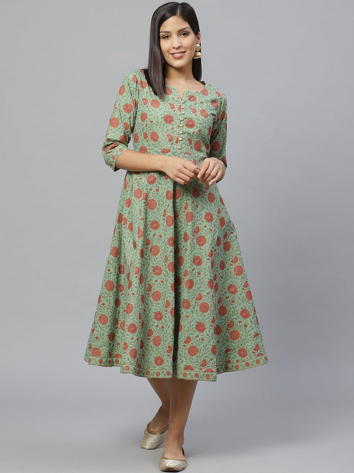 Green Printed Cotton Dress With Mask - ShopLibas