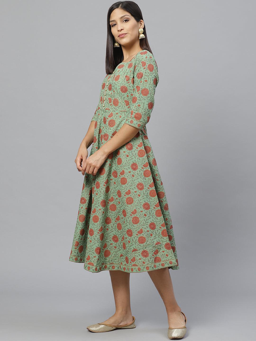 Green Printed Cotton Dress With Mask