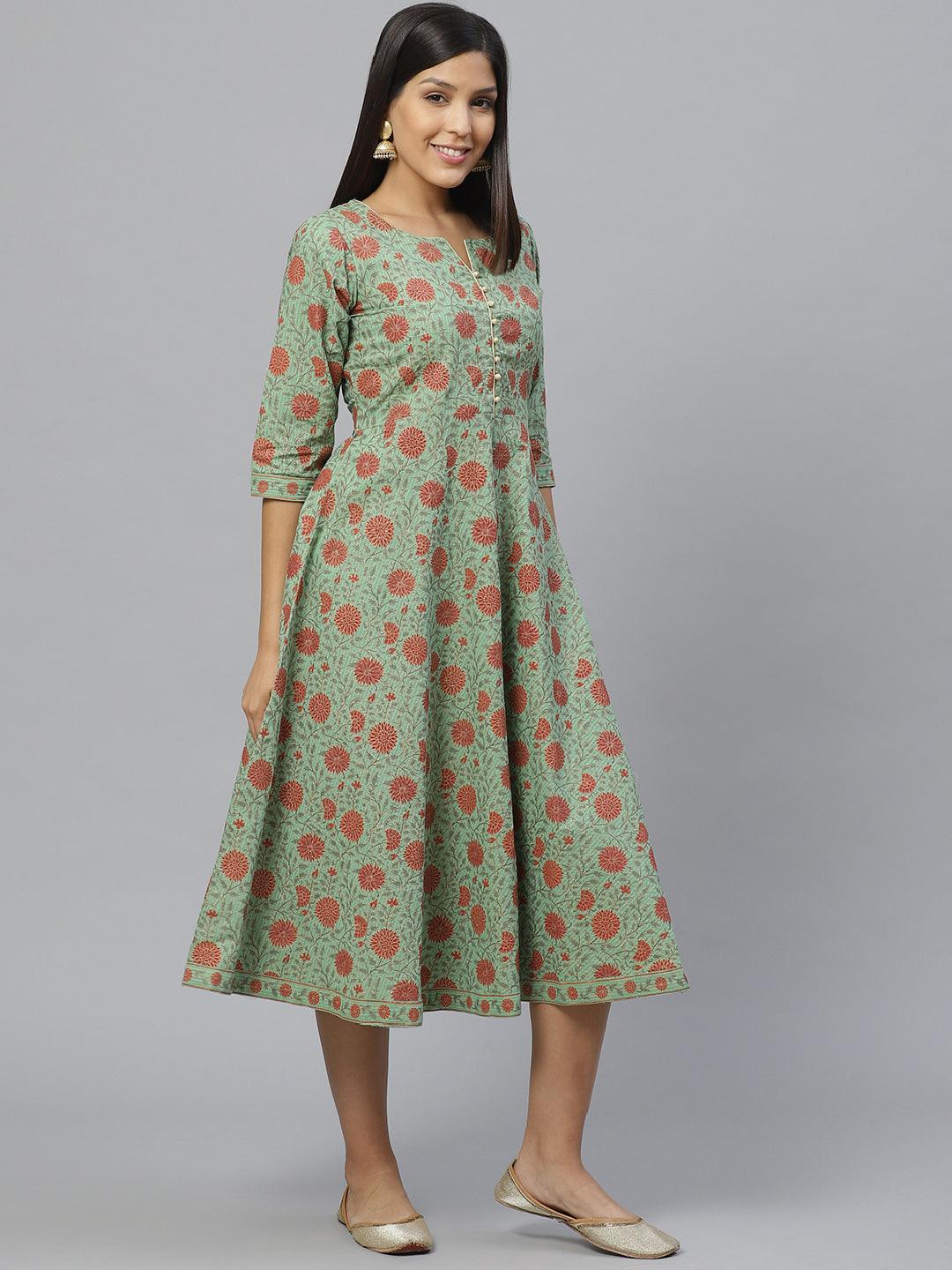 Green Printed Cotton Dress With Mask