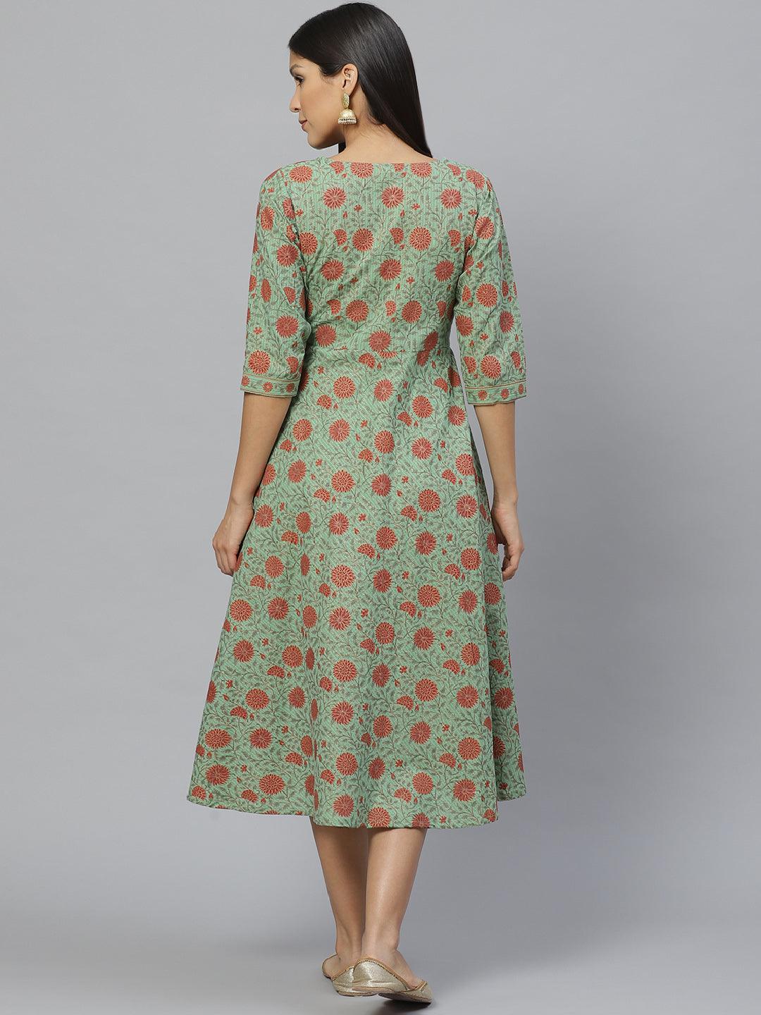 Green Printed Cotton Dress With Mask