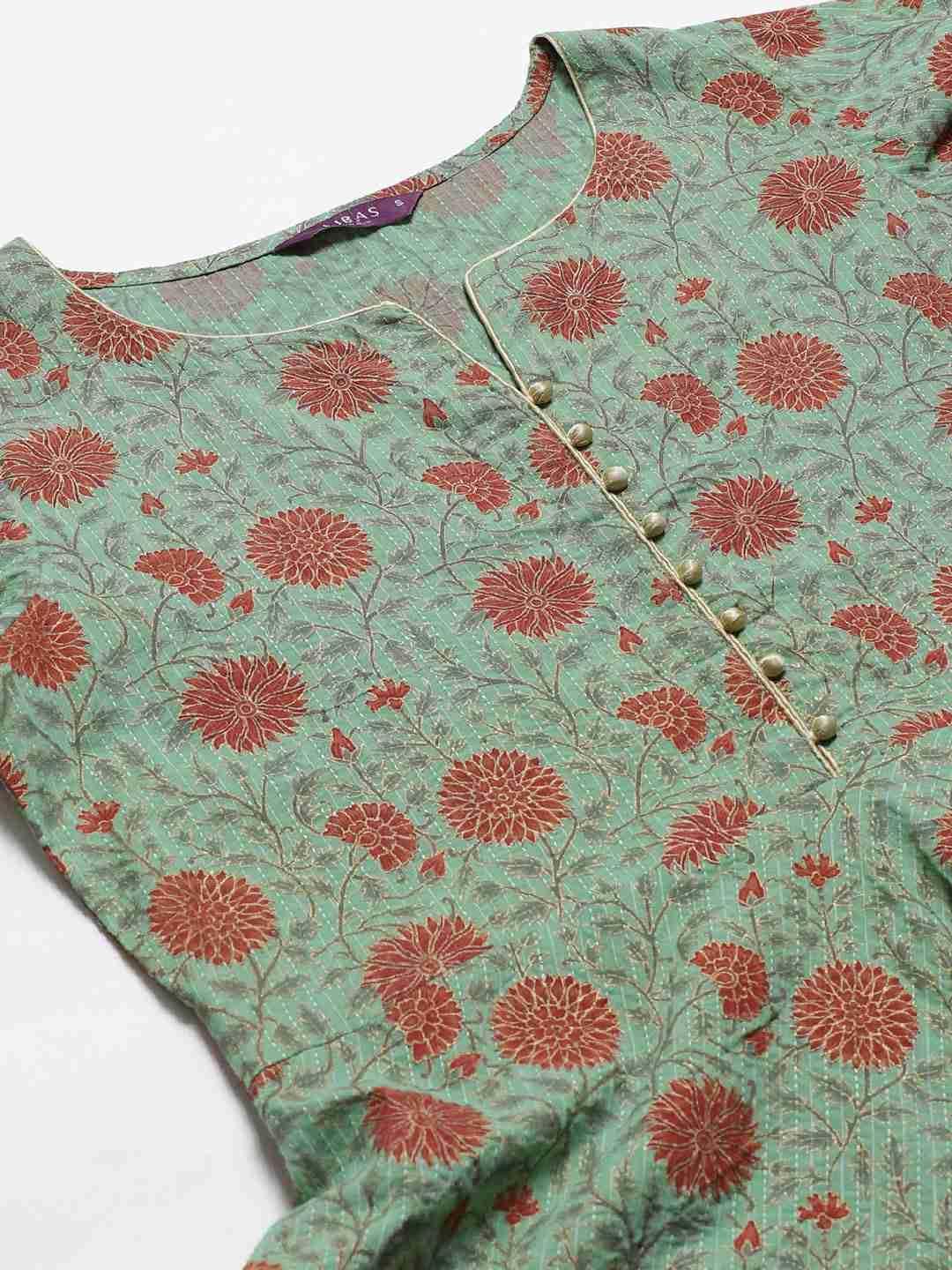 Green Printed Cotton Dress With Mask