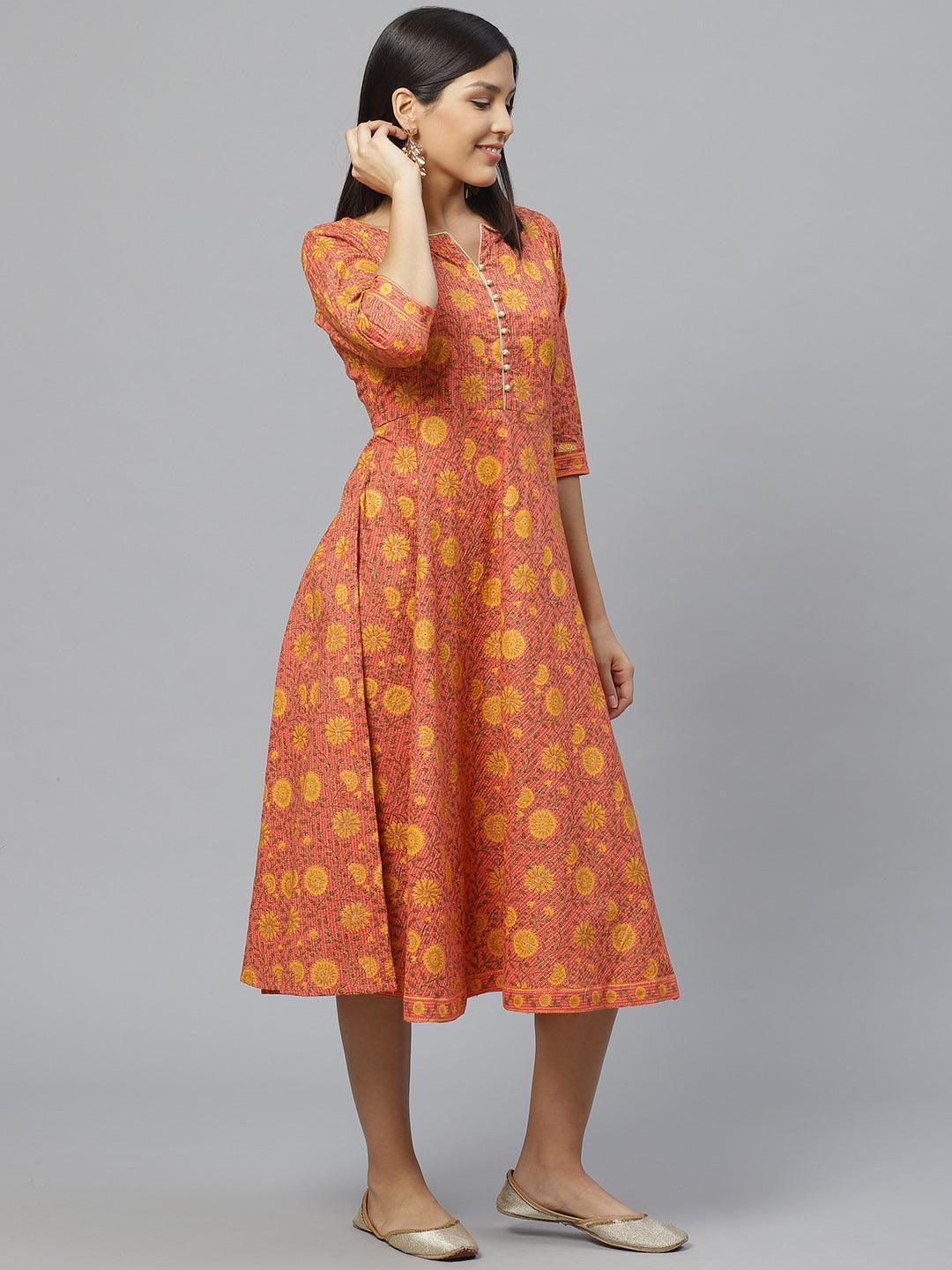 Multicoloured Printed Cotton Dress With Mask