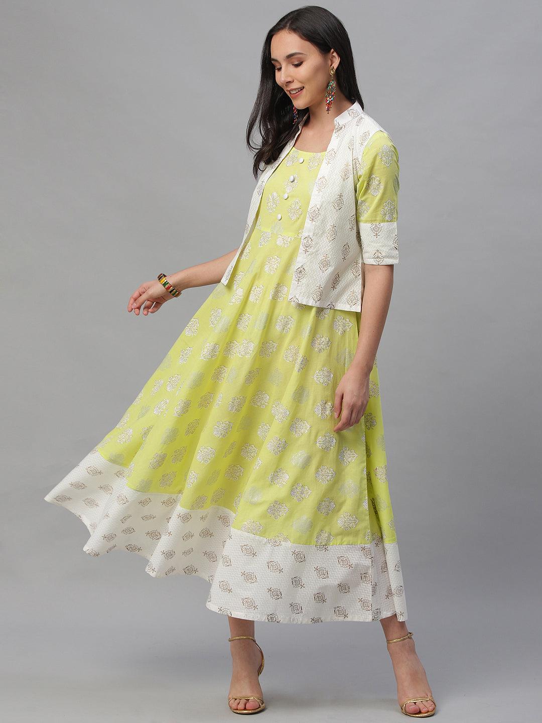 Lime Green Printed Cotton Dress With Jacket - ShopLibas