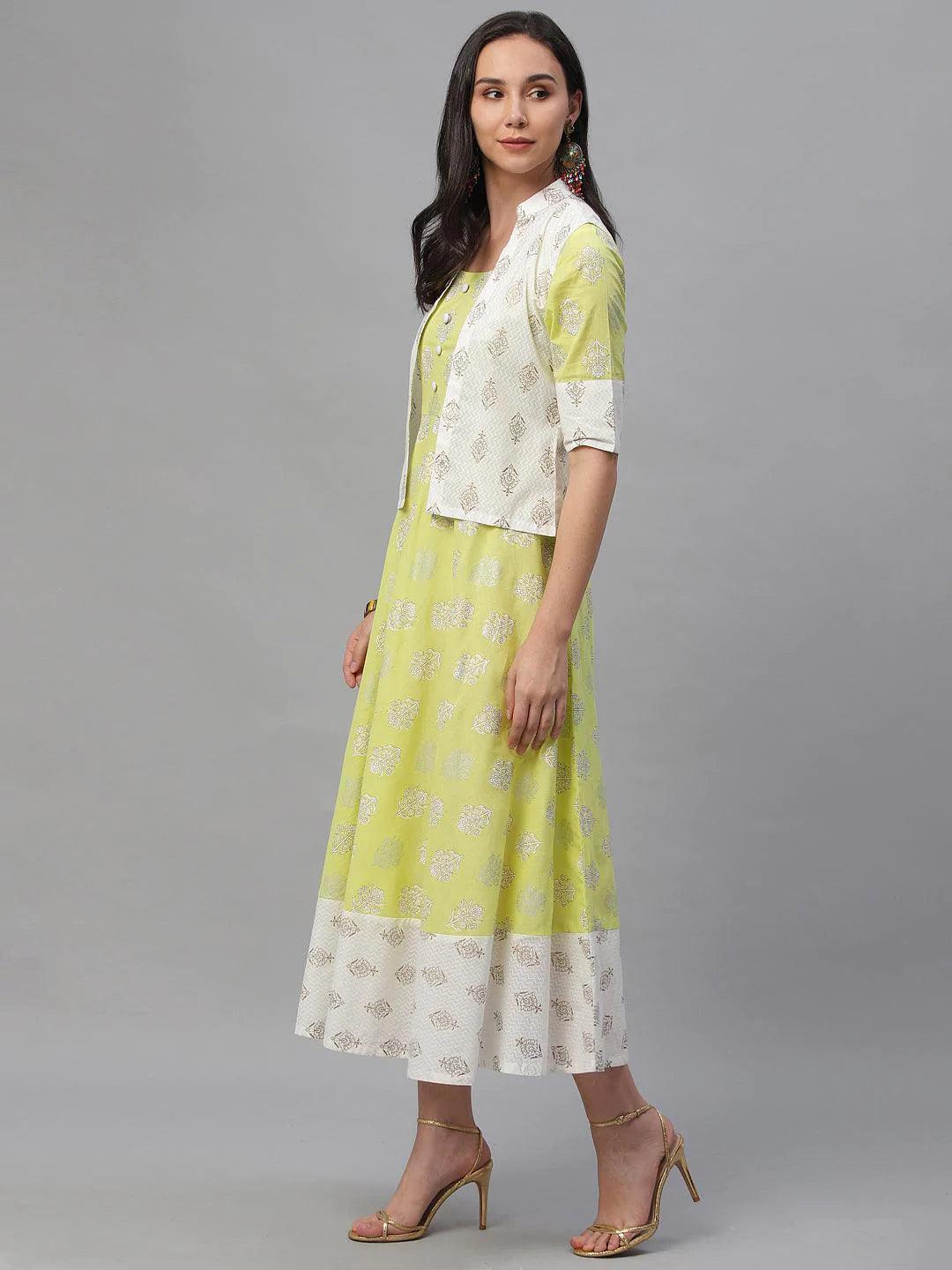 Lime Green Printed Cotton Dress With Jacket - ShopLibas