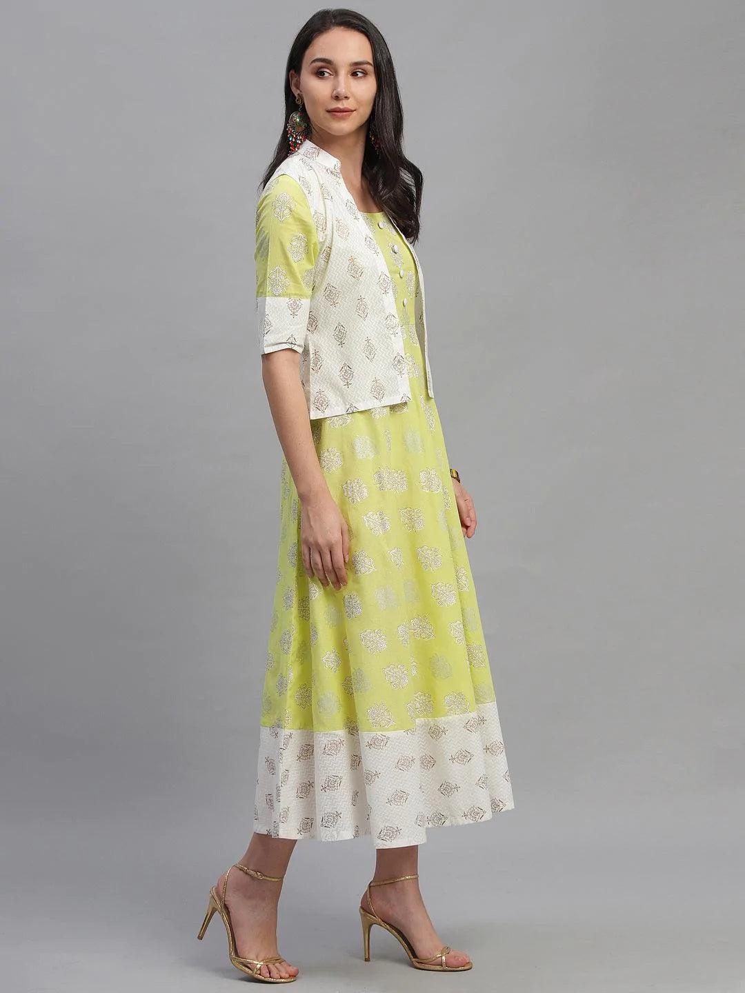 Lime Green Printed Cotton Dress With Jacket - ShopLibas