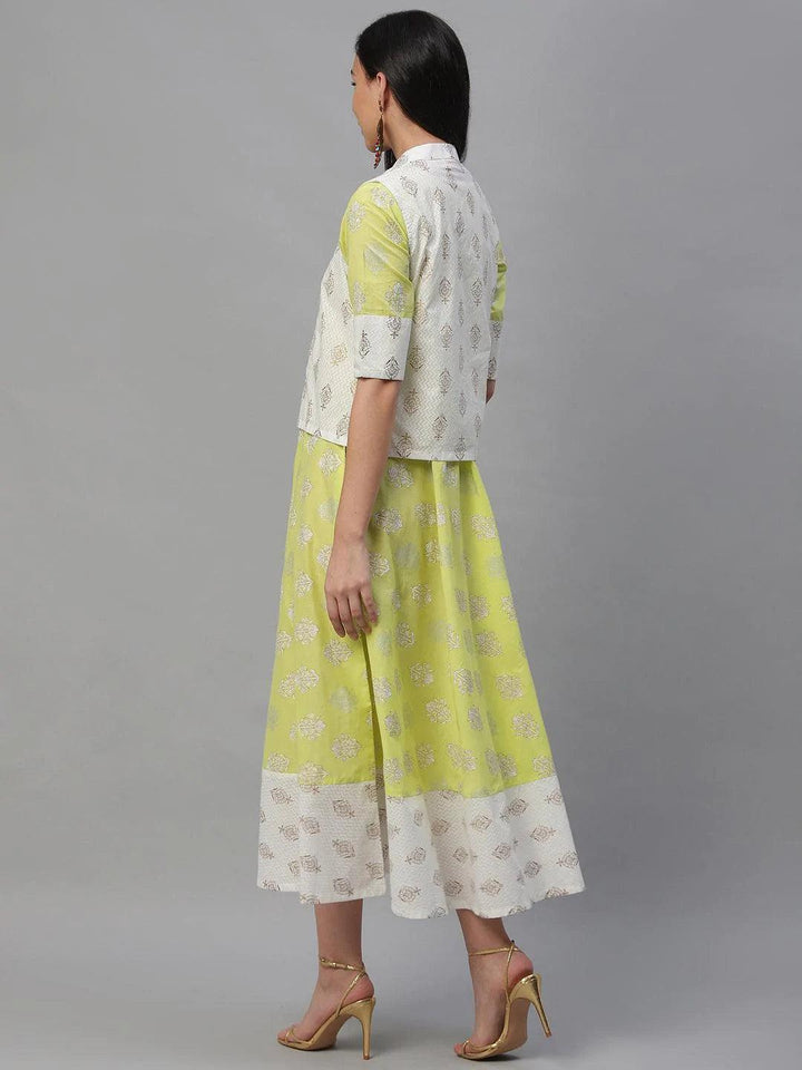 Lime Green Printed Cotton Dress With Jacket - ShopLibas