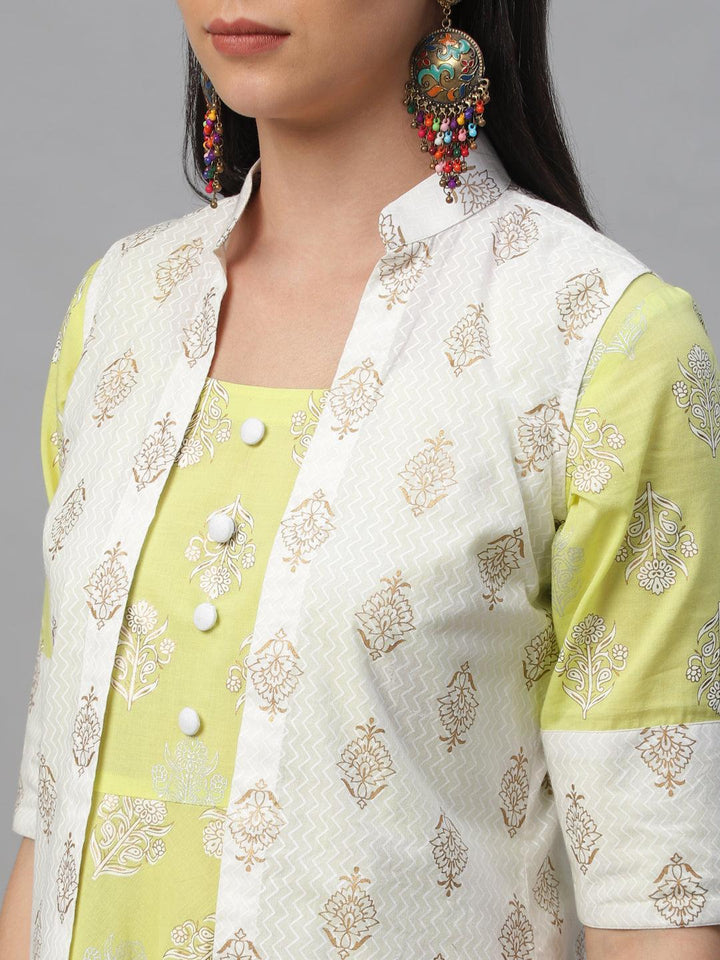 Lime Green Printed Cotton Dress With Jacket - ShopLibas