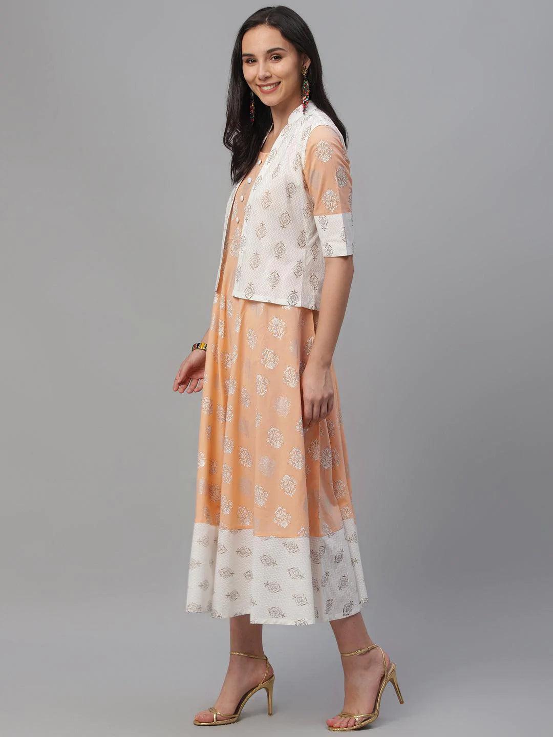 Orange Printed Cotton Dress With Jacket - ShopLibas