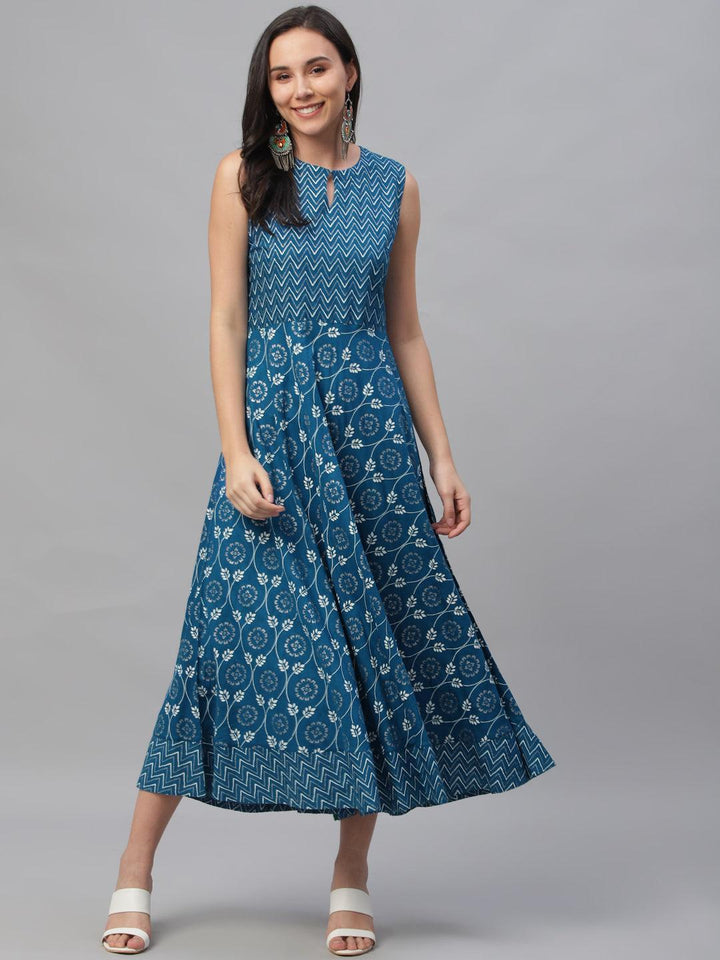 Blue Printed Rayon Dress With Jacket - ShopLibas