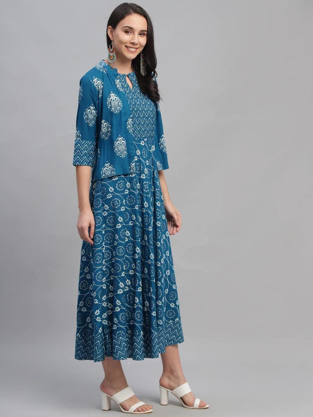 Blue Printed Rayon Dress With Jacket - ShopLibas