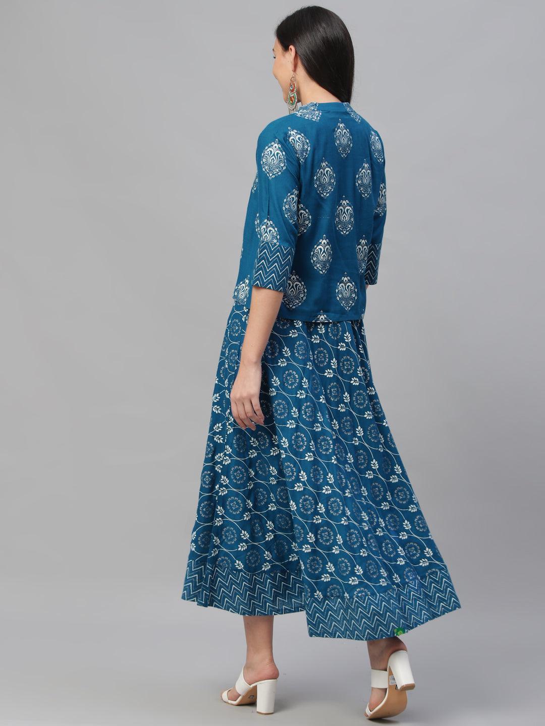 Blue Printed Rayon Dress With Jacket