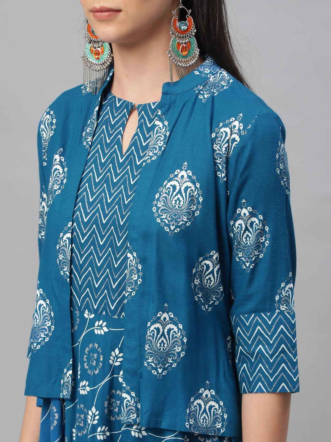 Blue Printed Rayon Dress With Jacket - ShopLibas