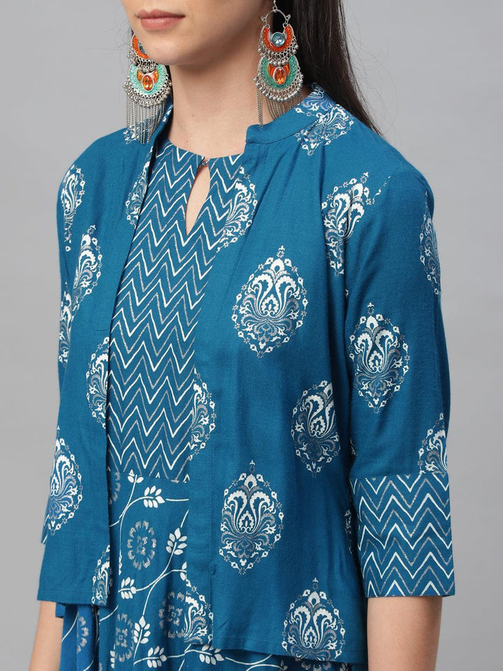 Blue Printed Rayon Dress With Jacket - ShopLibas