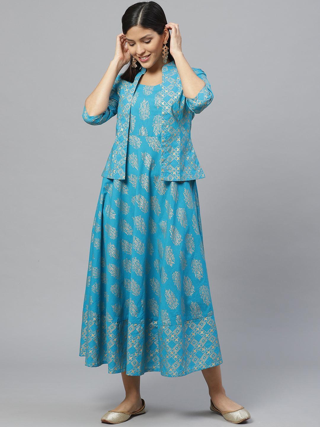 Blue Printed Rayon Jacket Dress With Mask - ShopLibas