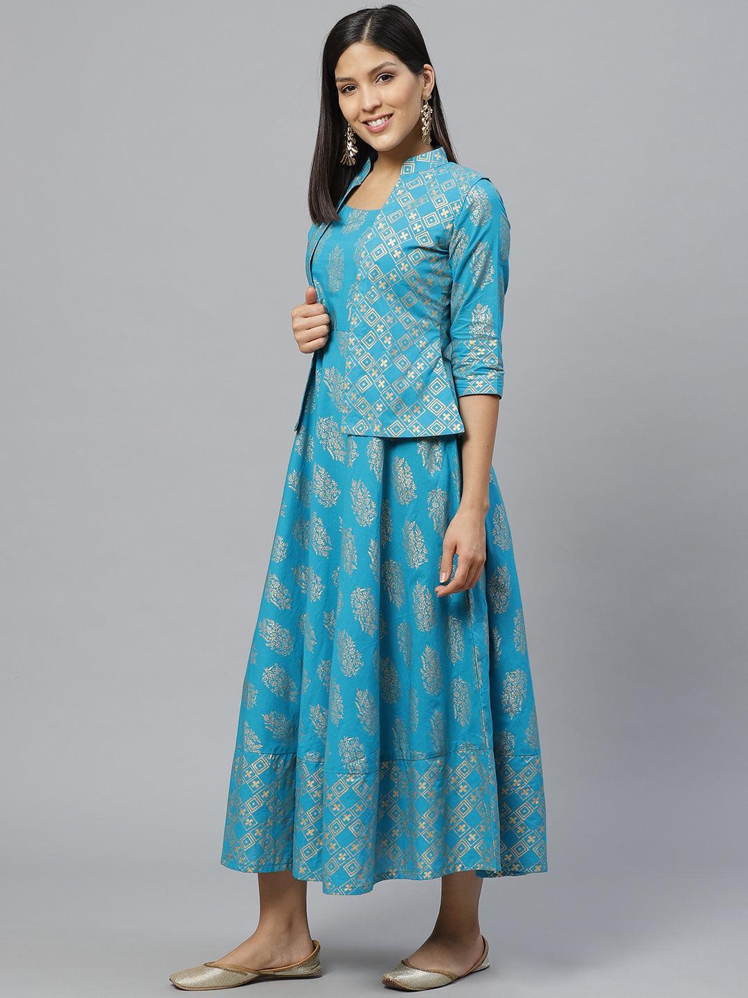 Blue Printed Rayon Jacket Dress With Mask - ShopLibas