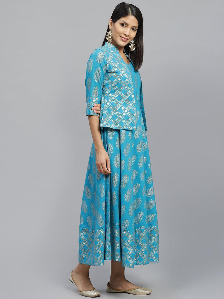 Blue Printed Rayon Jacket Dress With Mask - ShopLibas