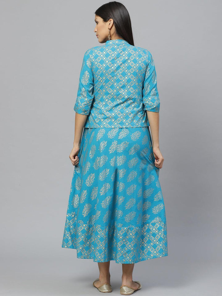 Blue Printed Rayon Jacket Dress With Mask - ShopLibas