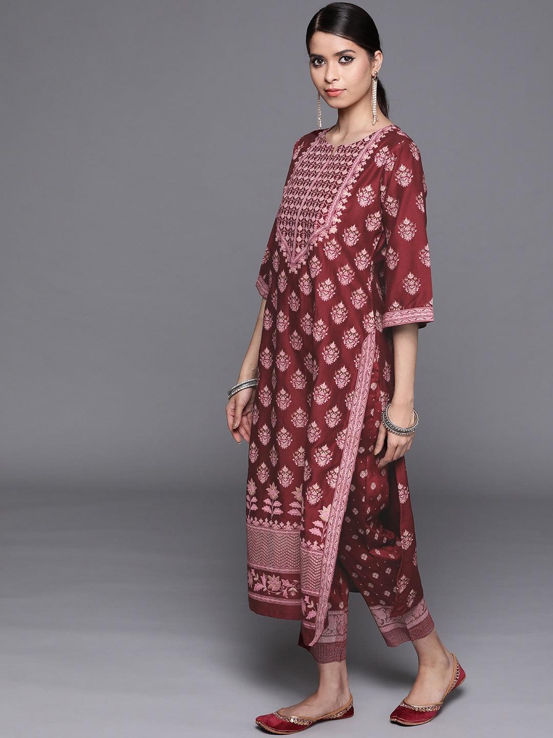 Maroon Printed Silk Blend Suit Set