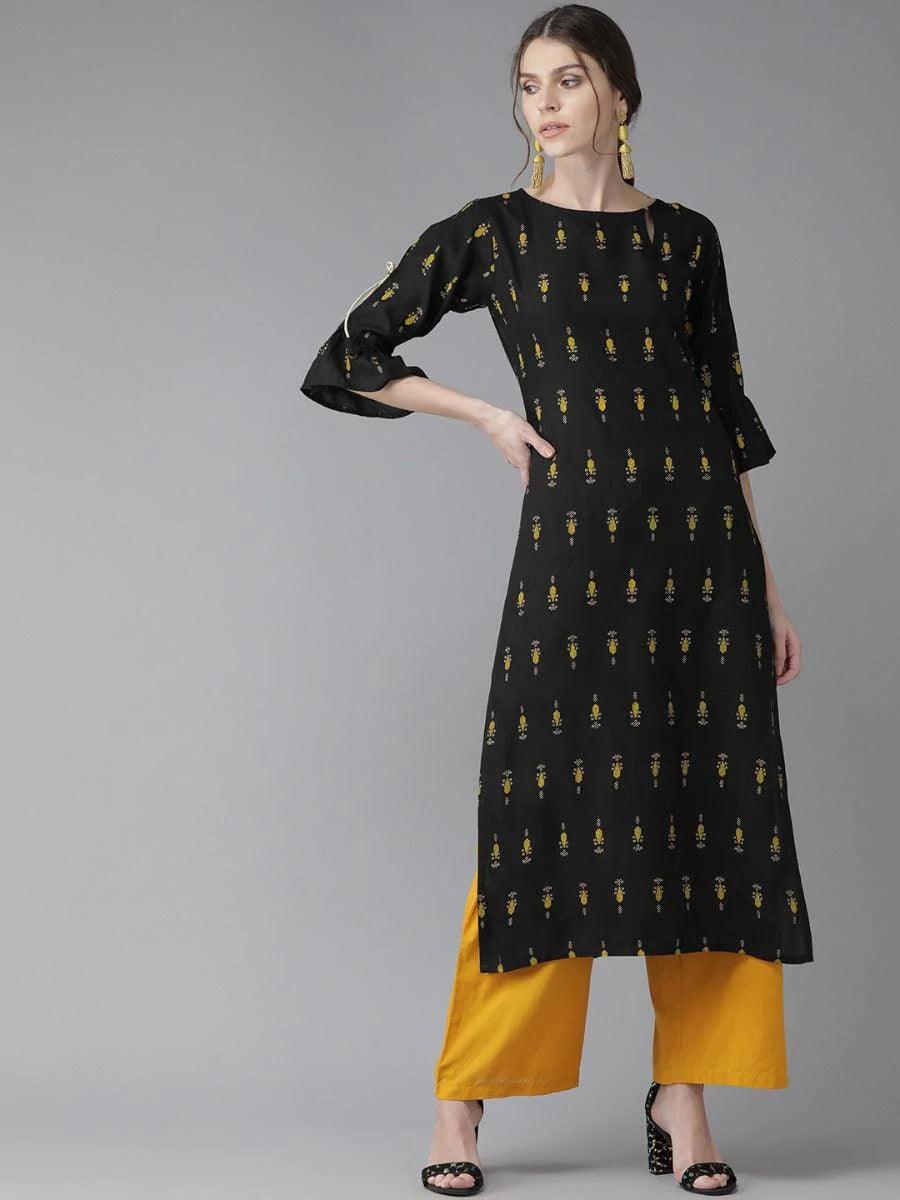 Black Printed Rayon Kurta