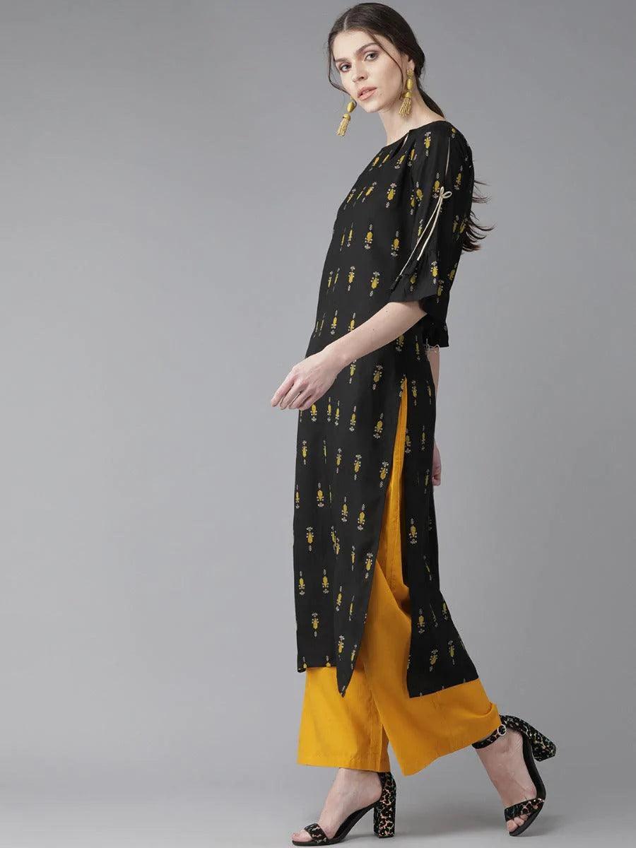 Black Printed Rayon Kurta