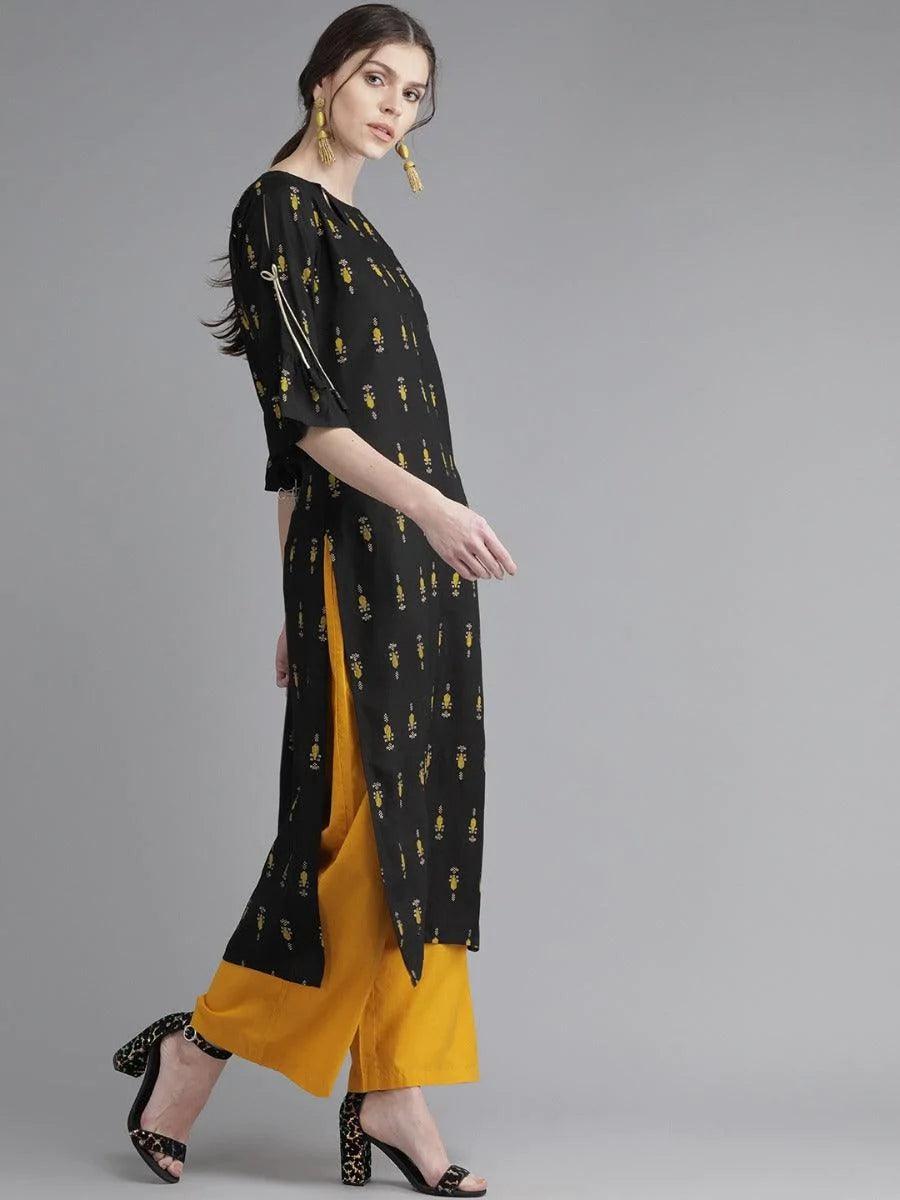 Black Printed Rayon Kurta